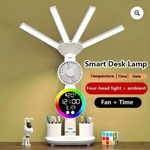 Smart LED Multi-Head Desk Lamp with Fan and Clock